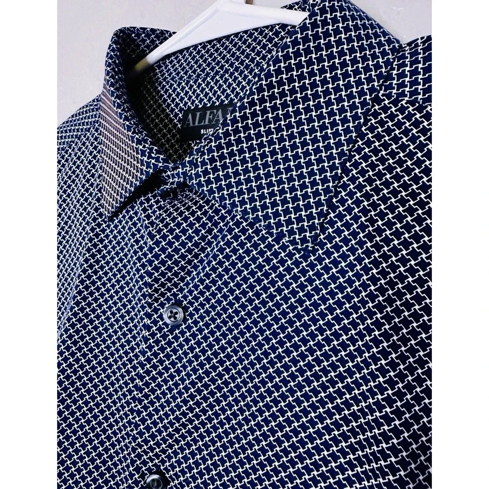 Alfani Slim Fit Men's Medium 15-15.5 32/33 Navy White Geometric Dress Shirt